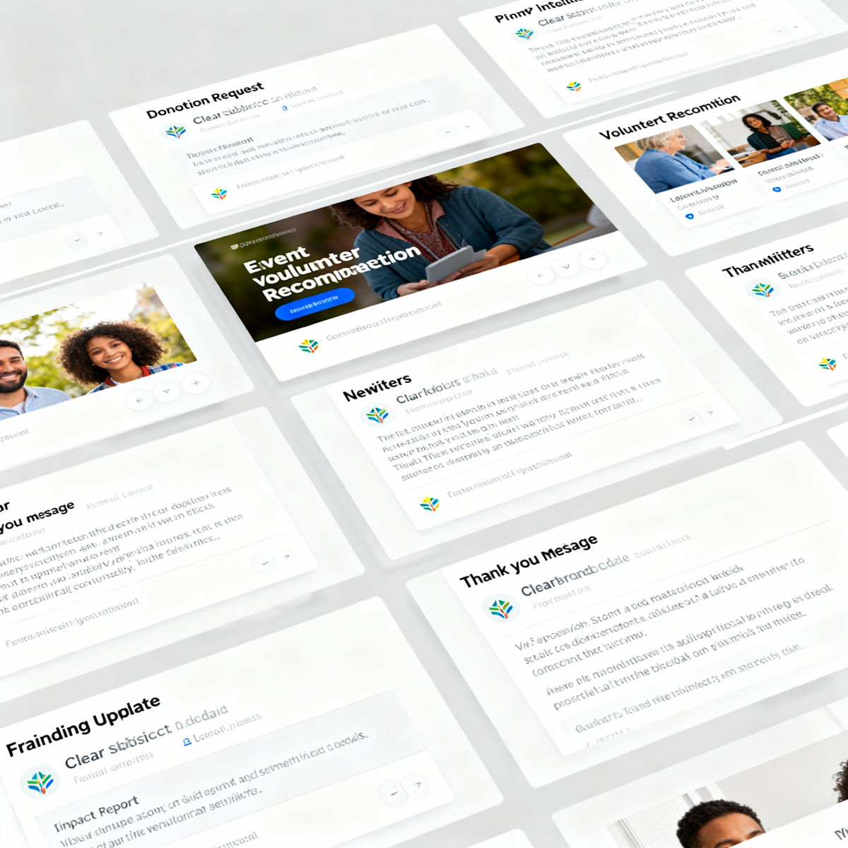 Screenshots of an online volunteer management platform with various sections such as event volunteer reactivation, donation request, volunteer recruitment, thank you message, and briefing update, featuring images of diverse smiling volunteers.