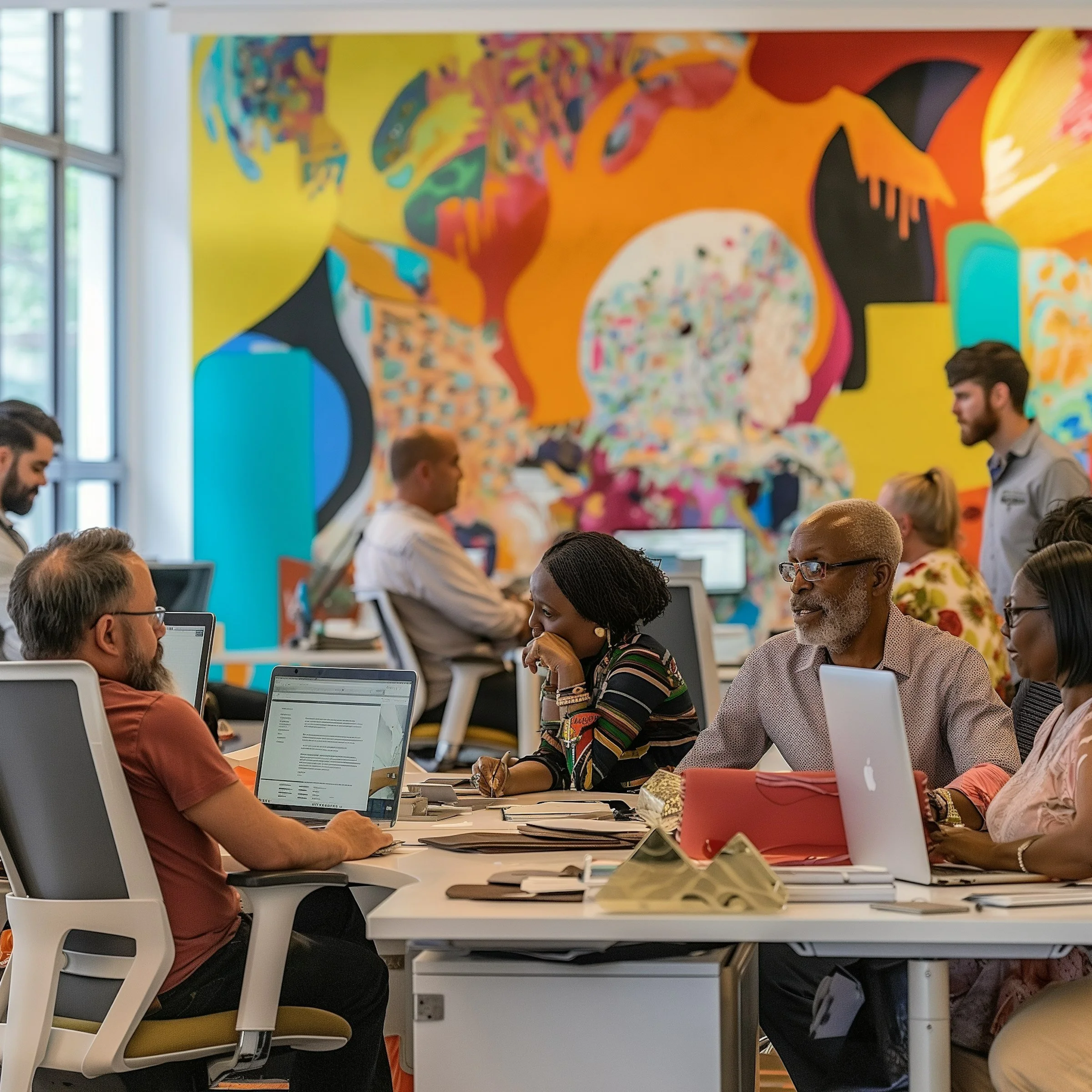 Creative open office showing several people meeting at a table with their laptops open.