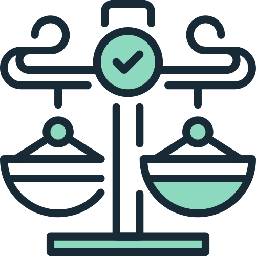 Illustration of a balanced scale with a checkmark in the center, symbolizing justice or fairness.
