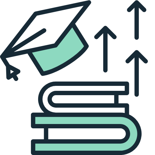 An illustration of a graduation cap above a stack of two books with upward pointing arrows.