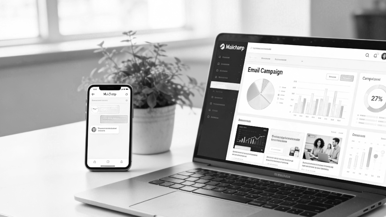A laptop displaying an email campaign dashboard and a smartphone showing a messaging app on a white desk with a potted plant near a window in the background.