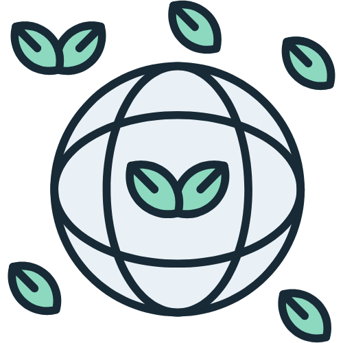 A globe with green leaves surrounding it, symbolizing environmental sustainability.
