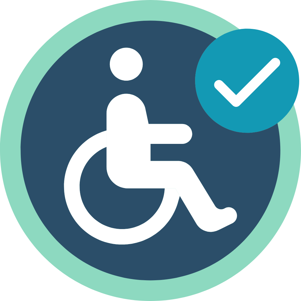 Accessibility icon with a person in a wheelchair and a check mark