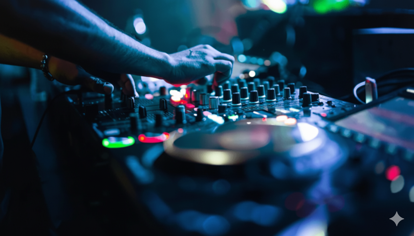 Close-up of a DJ's hand adjusting controls on a DJ console in a dimly lit nightclub with colorful lights.