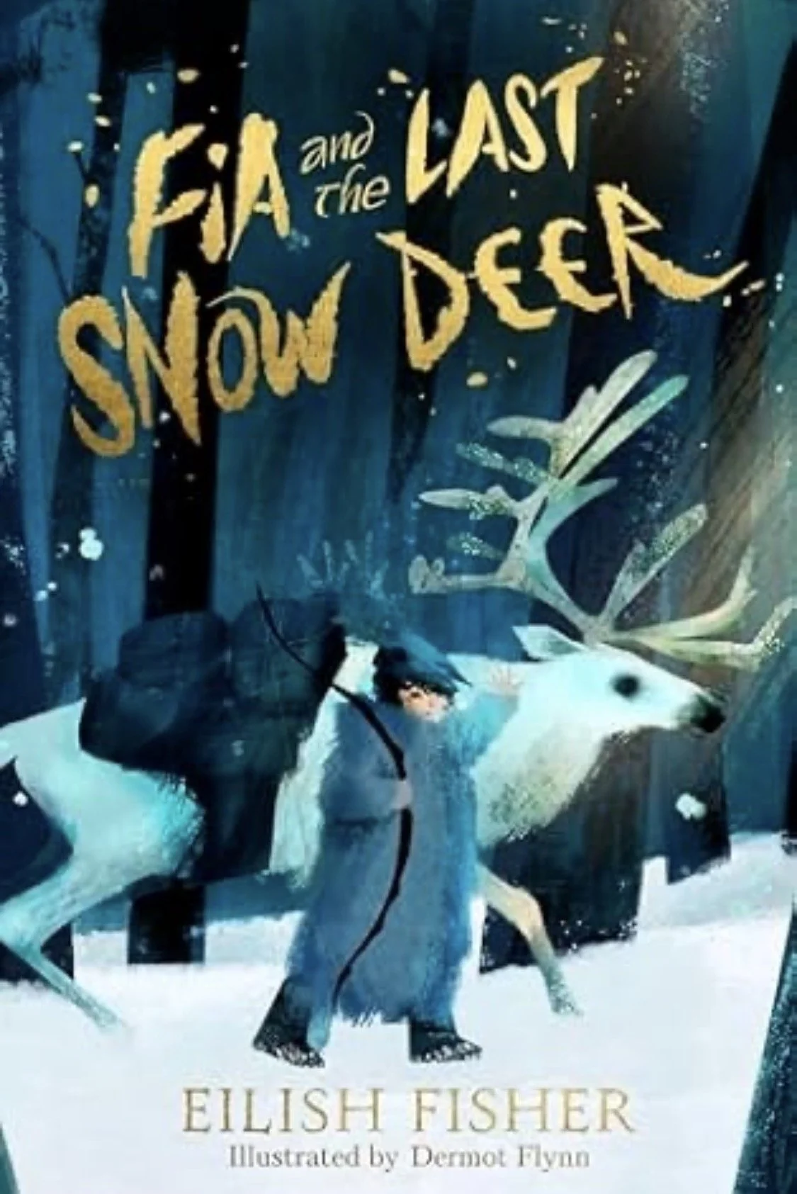 A girl with a bow and a deer walking through wintry trees.