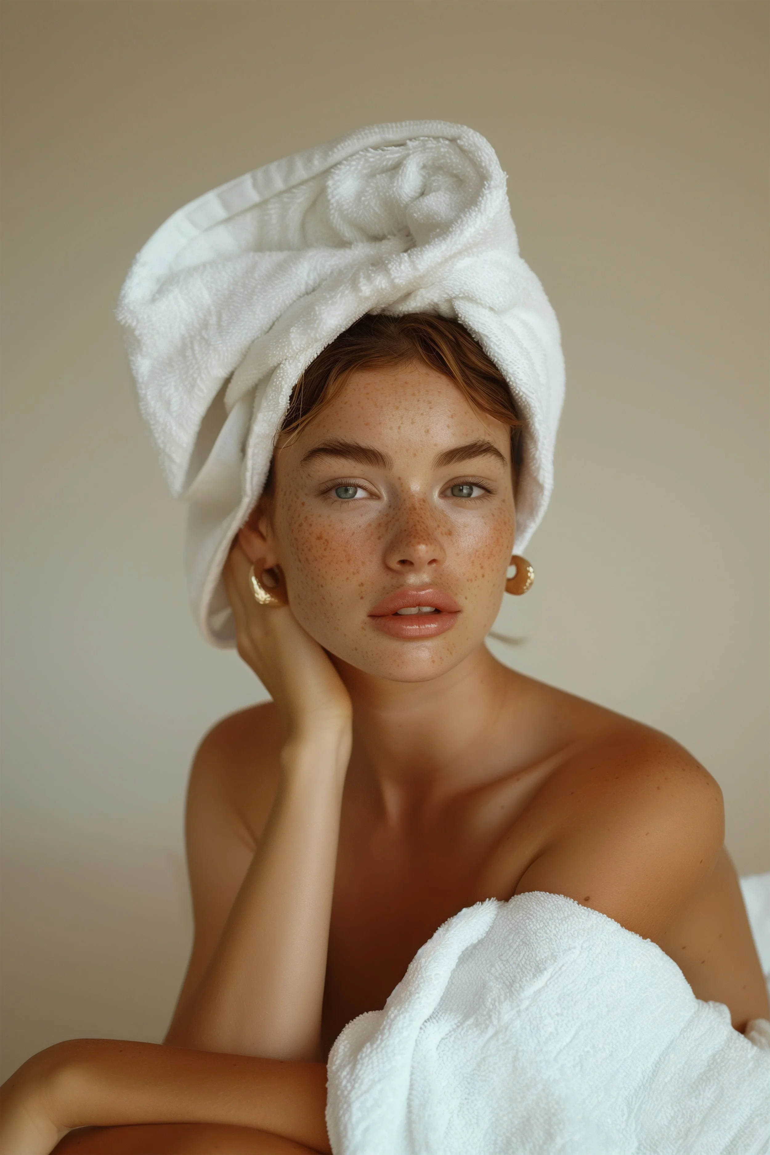 A woman with a towel wrapped around her head, wearing earrings, and with visible freckles on her face and shoulders.