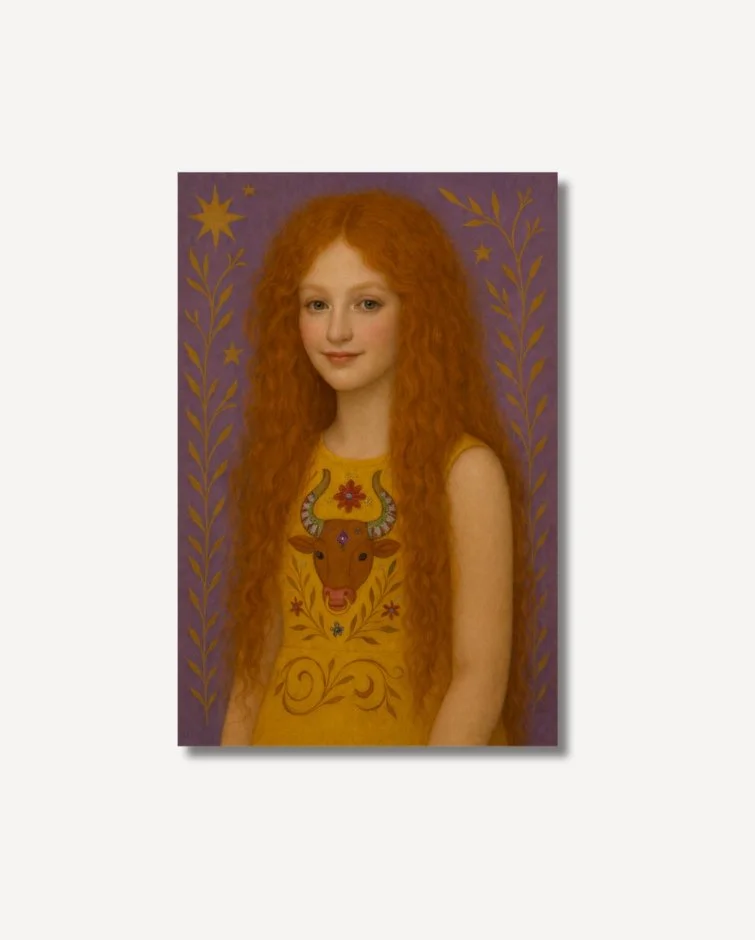 Zoe red haired girl in a yellow dress with Taurus motif on archival paper