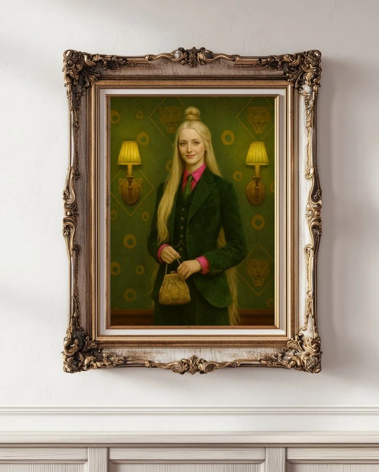 A refined blonde woman in a green velvet suit with a pink blouse, holding a yellow purse painterly style
