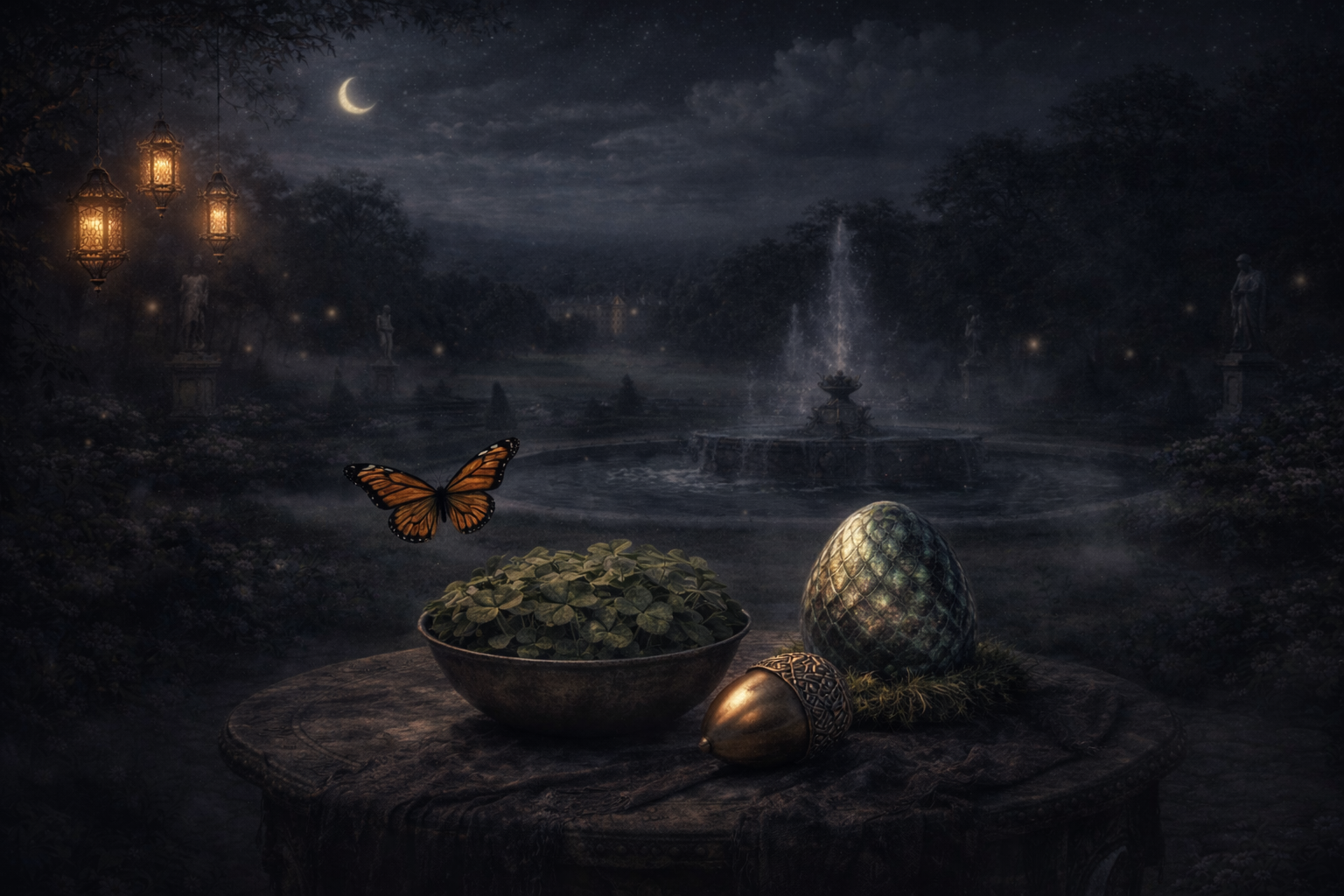 A decorative scene featuring a bowl of clover leaves, a Monarch butterfly, a large statue of an egg with a metallic surface, and a smaller metallic object on a stone table. In the background, there's a fountain, statues, lush trees, and lanterns illuminating the moonlit night sky.