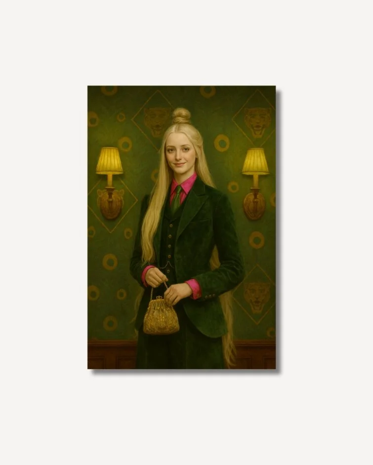 Sybil a blonde woman wearing a tailored green suit with a pink shirt and tie, holding an embroidered gold handbag on archival paper