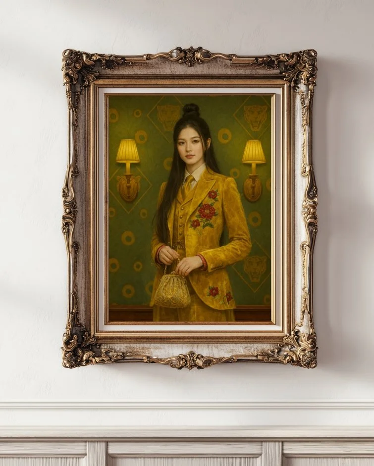 Refined woman with long dark hair in a yellow floral pattern suit with a green wallpaper with tigers background