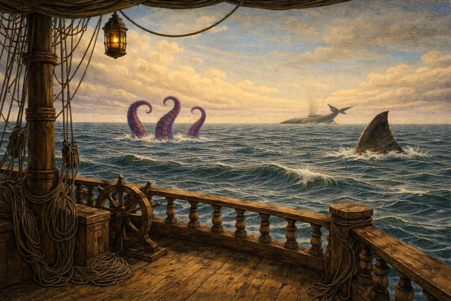 A vintage ocean picture from an antique ship looking out at octopus's sharks and a whale