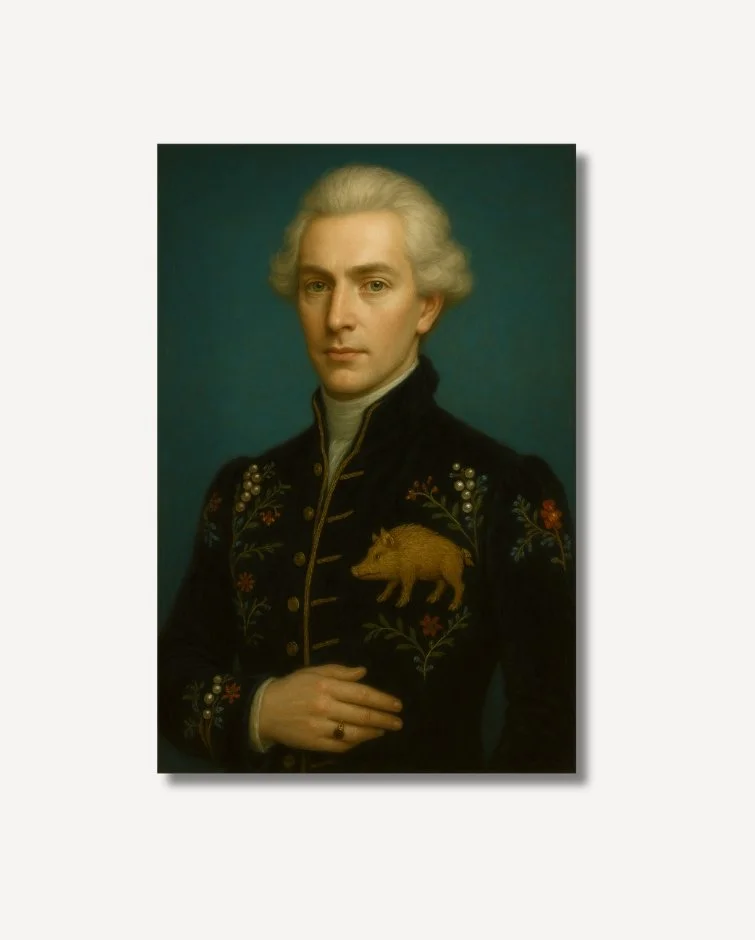 White haired vintage Duke in a black waistcoat with embroidered boars fine art in Gold Frame archival paper