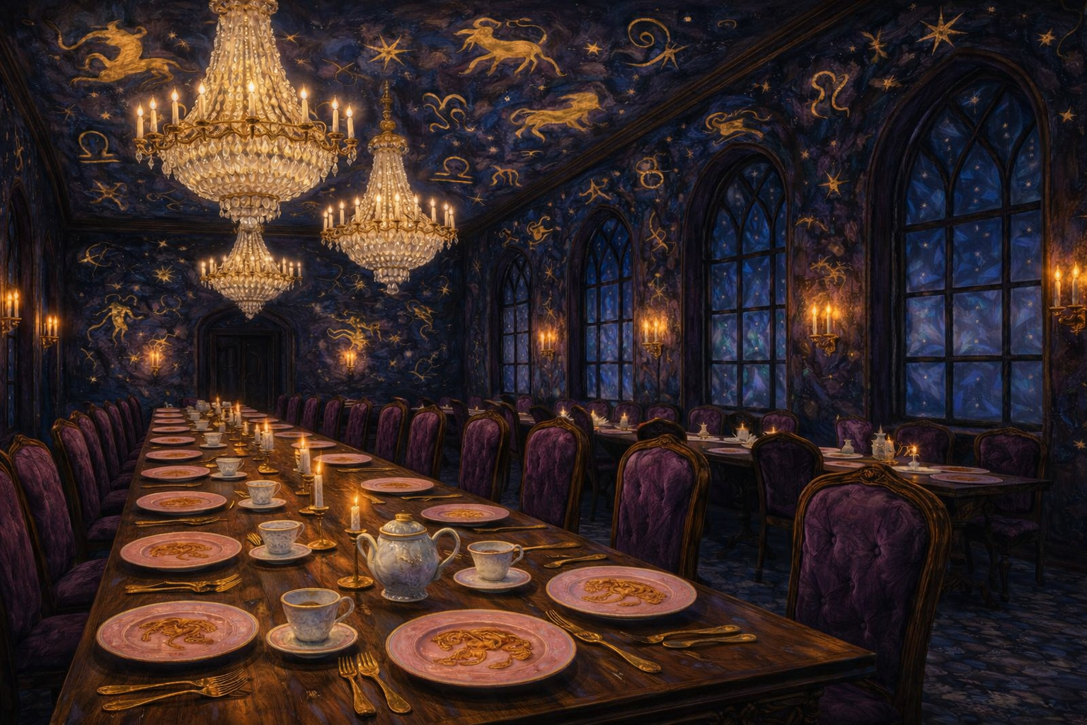 Elegant dining room with long wooden table set with pink plates, teacups, gold utensils, and lit candles. The room has purple velvet chairs, ornate chandeliers, and starry sky mural walls with celestial drawings and large arched windows.