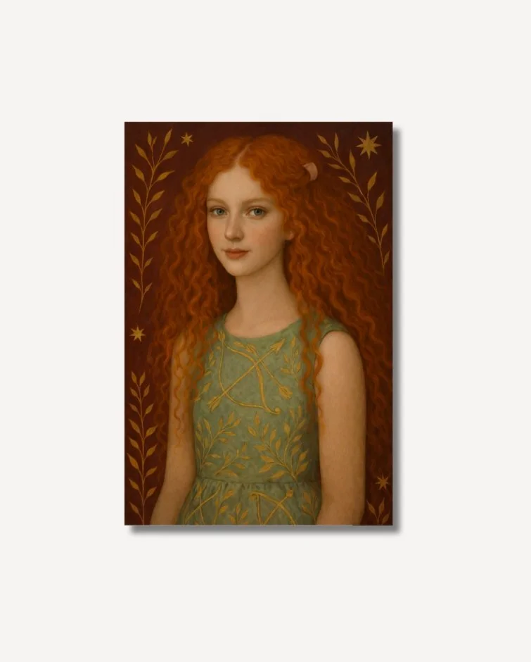 Greta red haired girl in a green dress with Sagittarius motif on archival paper