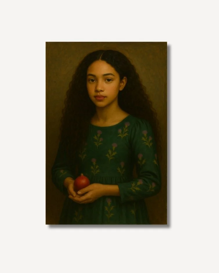 A Young woman in a green dress with purple thistles in a painterly style Henrietta Fine Art on archival paper