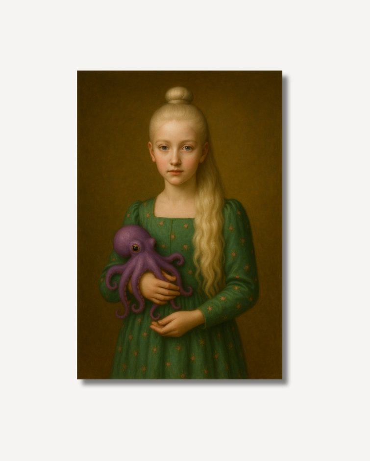 Young blonde girl with a green dress holding a purple octopus Veronique The Apprentice Fine Art on archival paper