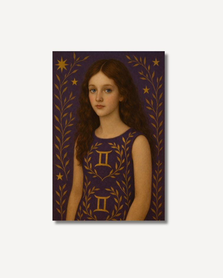 Nova a brown haired girl in a purple dress with Gemini motif on archival paper