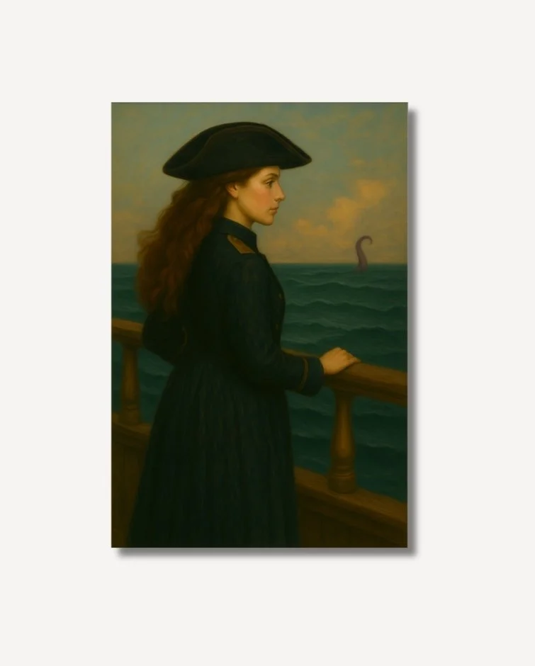Vintage image of a female Captain on her ship looking out to sea at a purple octopus Ophelia Fine Art  on archival paper