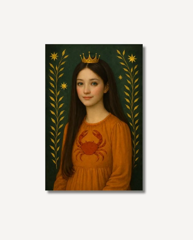 Diana, brown haired girl with crown in an orange dress with Cancer motif on archival paper