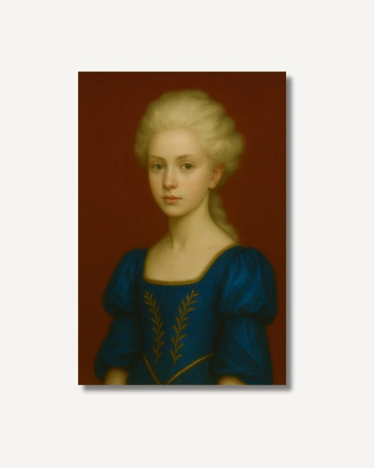 Blond haired girl in vintage blue dress with a red background Lady Lily Fine Art on archival paper