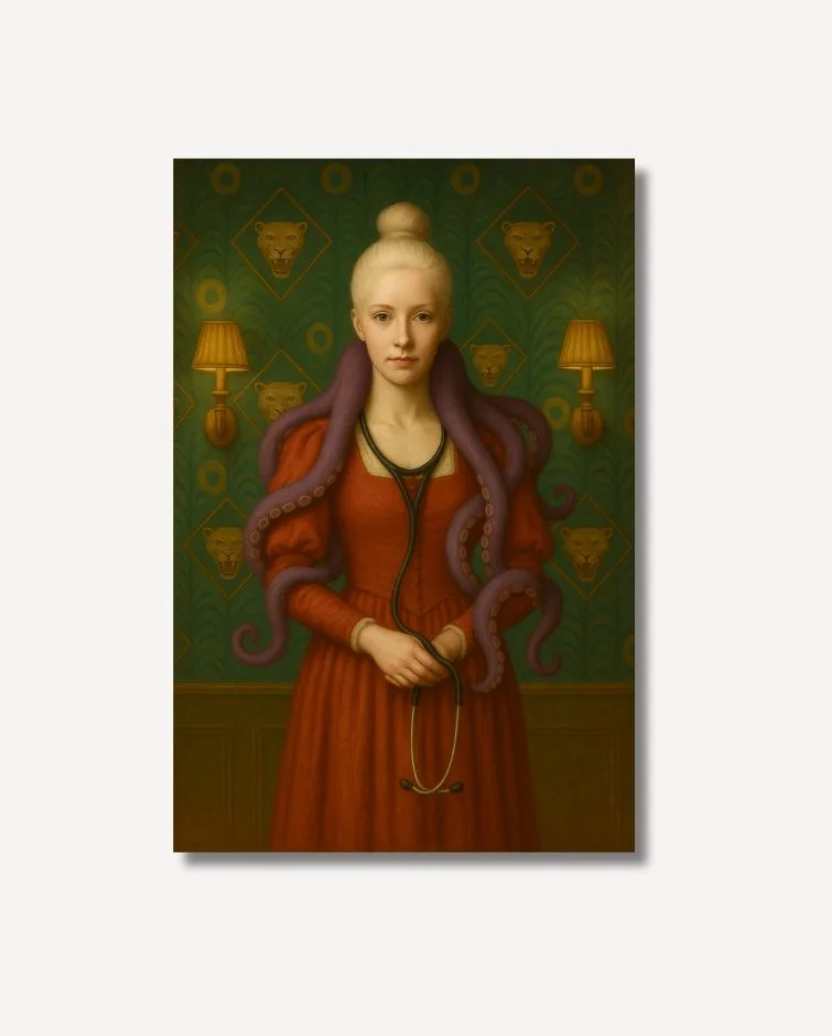 A blonde Victorian woman doctor in a red dress with a stethoscope and an octopus draped on her shoulders Dr. Lorewyn Tidewell Fine Art on archival paper