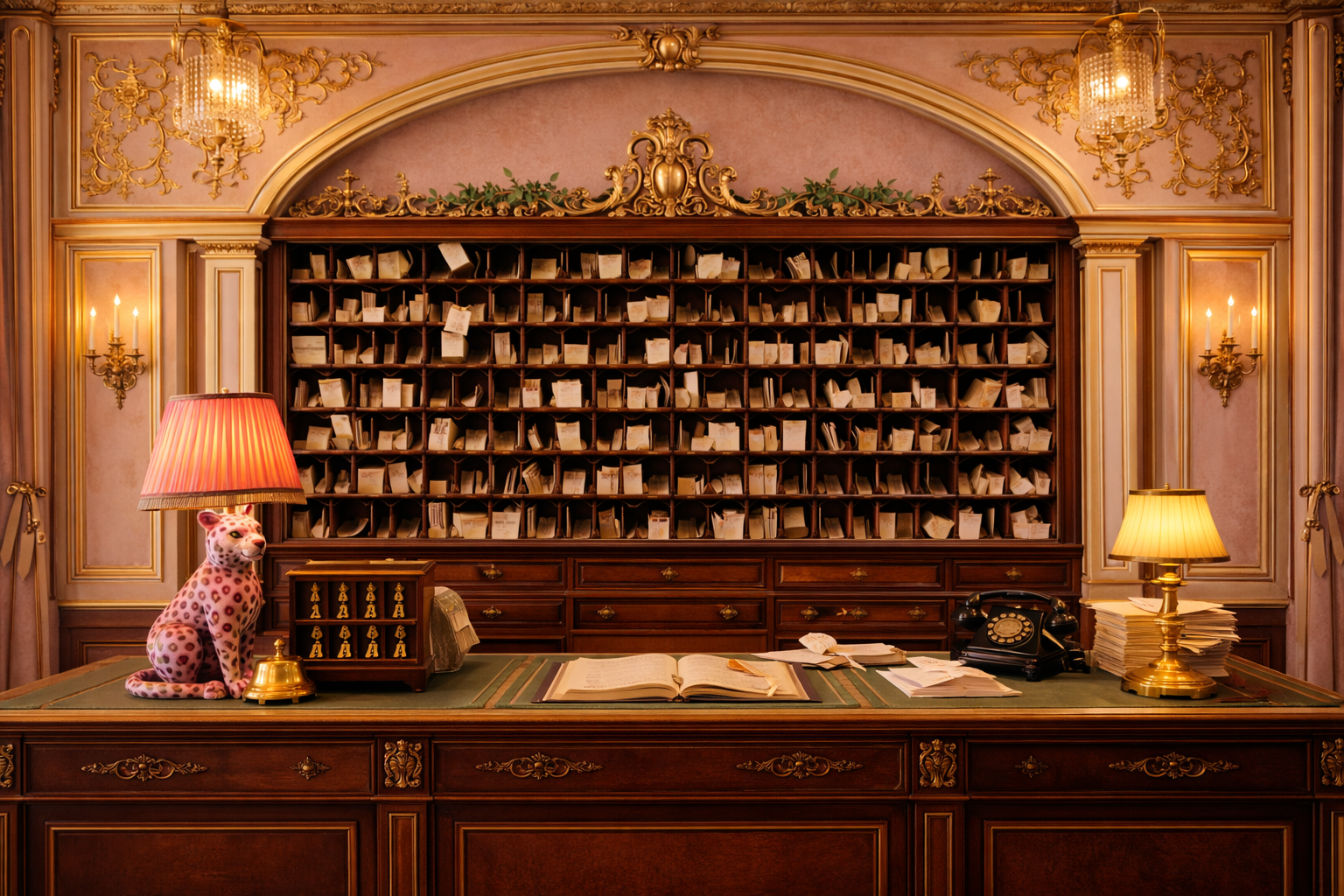 A whimsical, antique hotel concierge desk with a wall of wooden mail slots filled with letters behind it, set in a pink-and-gold vintage interior