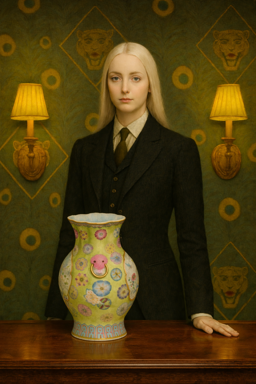 Classical oil-style portrait of a pale blonde woman in a dark suit standing behind an ornate floral porcelain vase on a wooden table.