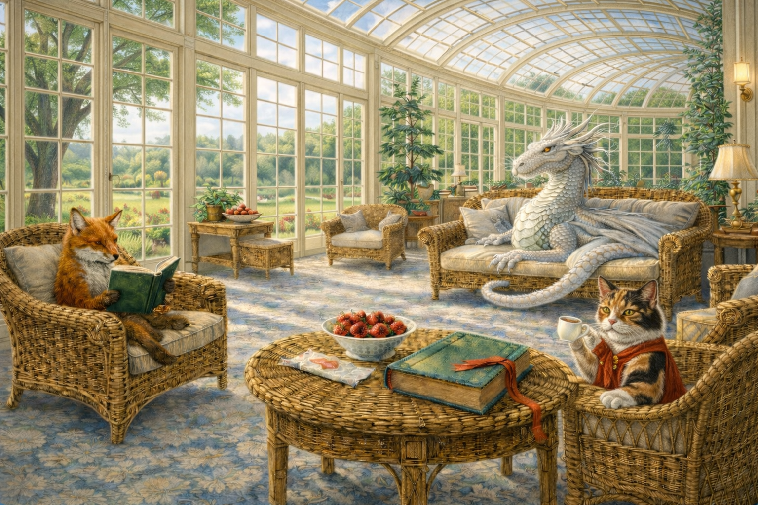 A sunlit conservatory with wicker furniture, including a fox reading a book, a calico cat sipping coffee, and a white dragon resting on a sofa, surrounded by potted plants and large windows showing a garden view.