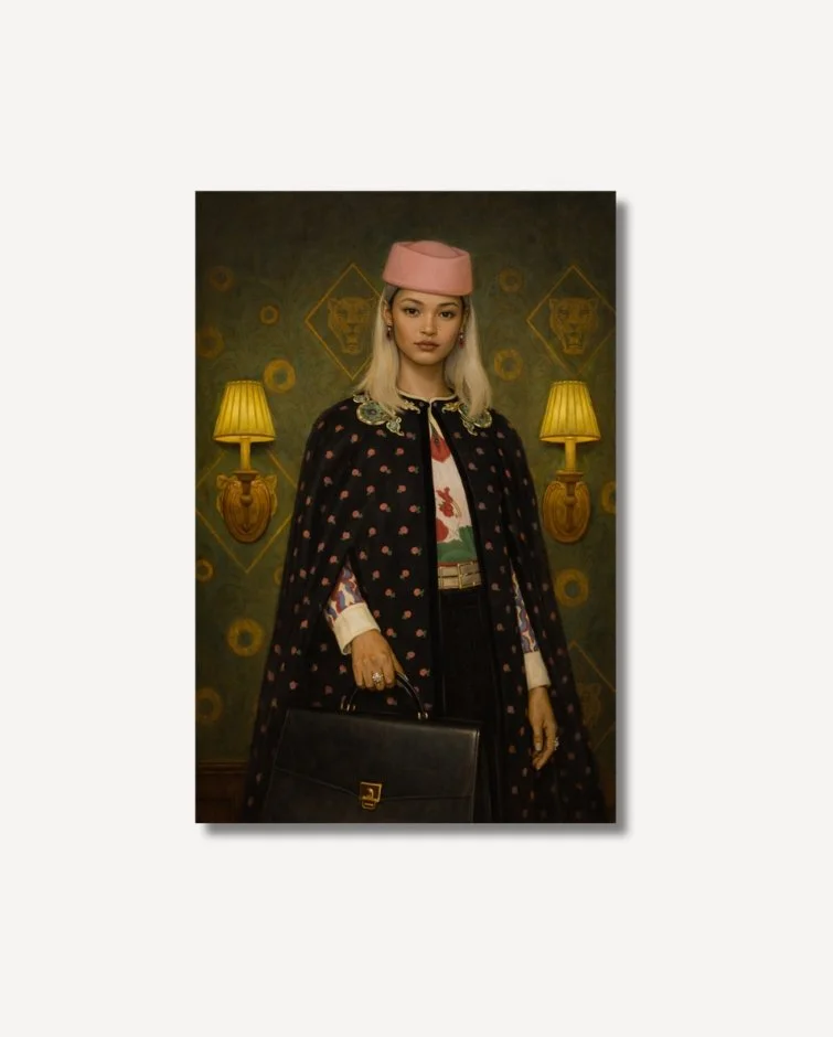 Portrait of a woman wearing a patterned dark cape, floral blouse, and pink pillbox hat, holding a black leather briefcase against green patterned wallpaper with wall lamps on archival paper
