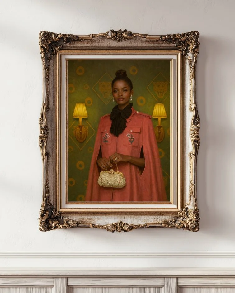 A black woman in regency times, wearing a pink cloak, black scarf, impeccably dressed in a gold frame