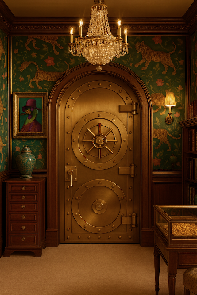 A closed golden vault door inside an opulent hotel room, suggesting hidden contents and restricted access.