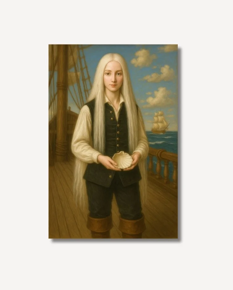 Antique painterly style woman with long white hair in a pirate outfit on a ship with an ocean in background fine art on archival paper