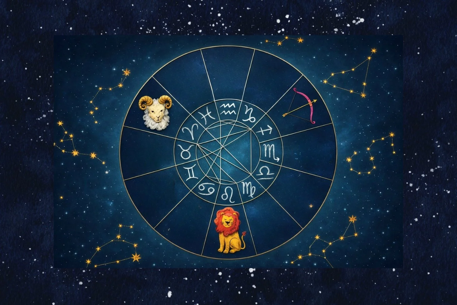 The zodiac wheel of fire symbols in a cosmic background