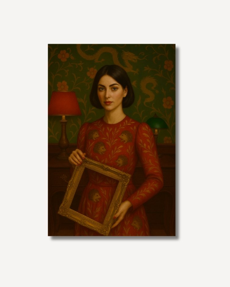 Olivia a woman wearing a red dress embroidered with hedgehogs, holding a gold frame fine digital art on archival paper