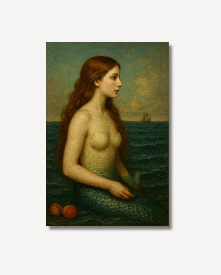 An antique style mermaid with long red hair sitting by the ocean Silas The Mermaid Princess Fine Art on archival paper