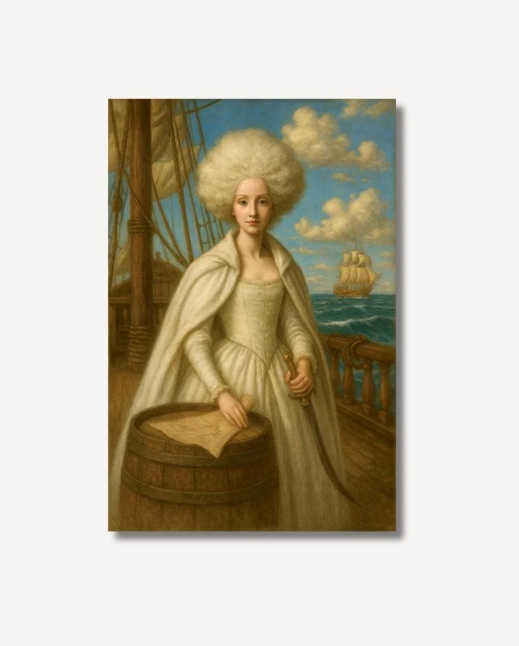 Vintage white haired woman in white dress and cape on an old ship Charon The Boatswain Fine Art on archival paper