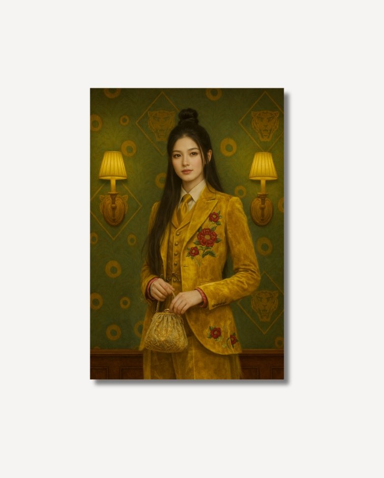 Portrait of a woman wearing a mustard-yellow embroidered suit, holding a small gold handbag, standing against patterned green wallpaper with wall lamps on archival paper