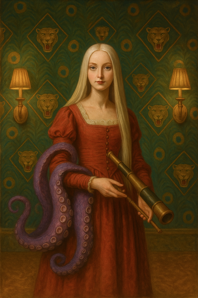 Young woman in a red dress holding a telescope, with purple octopus tentacles around her shoulders, standing indoors