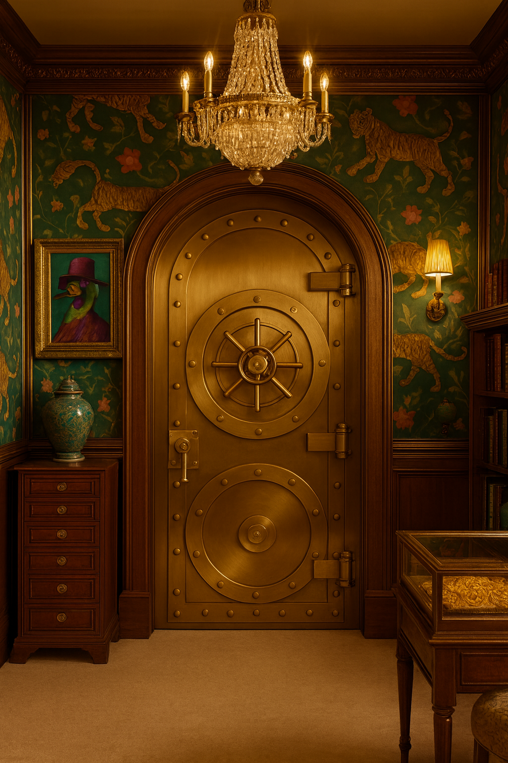A large, gold-colored vault door with rivets, surrounded by ornate woodwork, in a room decorated with tiger-themed wallpaper, a chandelier hanging from the ceiling, a framed portrait of a figure with a ram's head wearing a purple coat and hat, a porcelain vase, a wall-mounted lamp, and a glass display case.