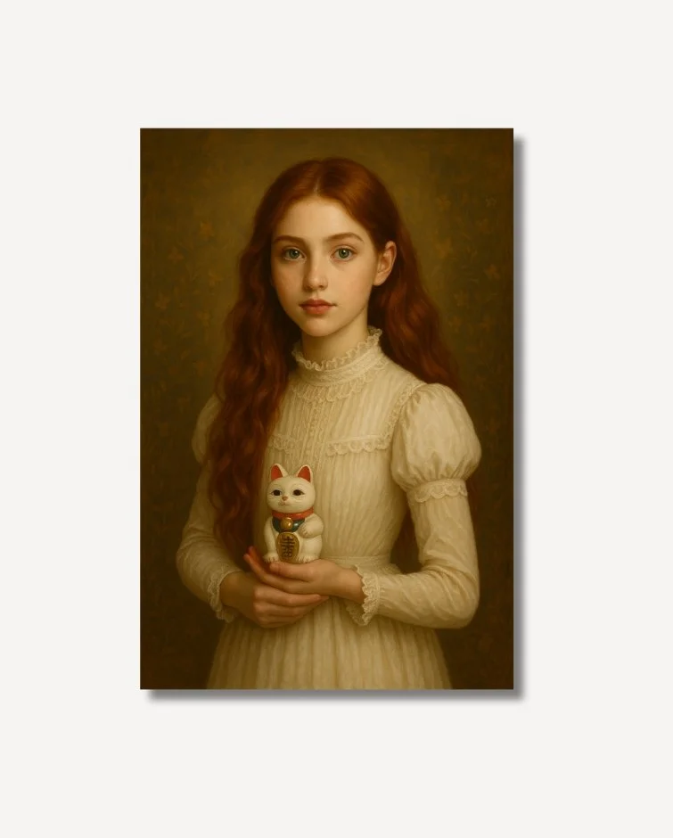 Vintage style painting of red haired girl in a white dress Freya holding a Maneki Neko fine art on archival paper