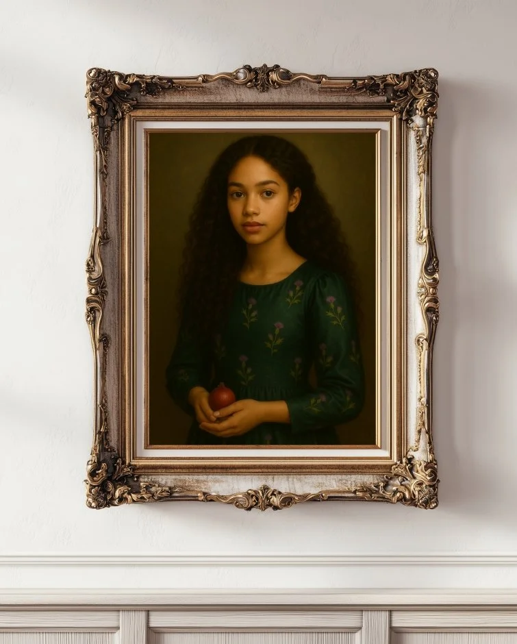 Fine art digital portrait of Henrietta, depicted as an ethereal, gentle figure in a green dress with Scottish Thistle