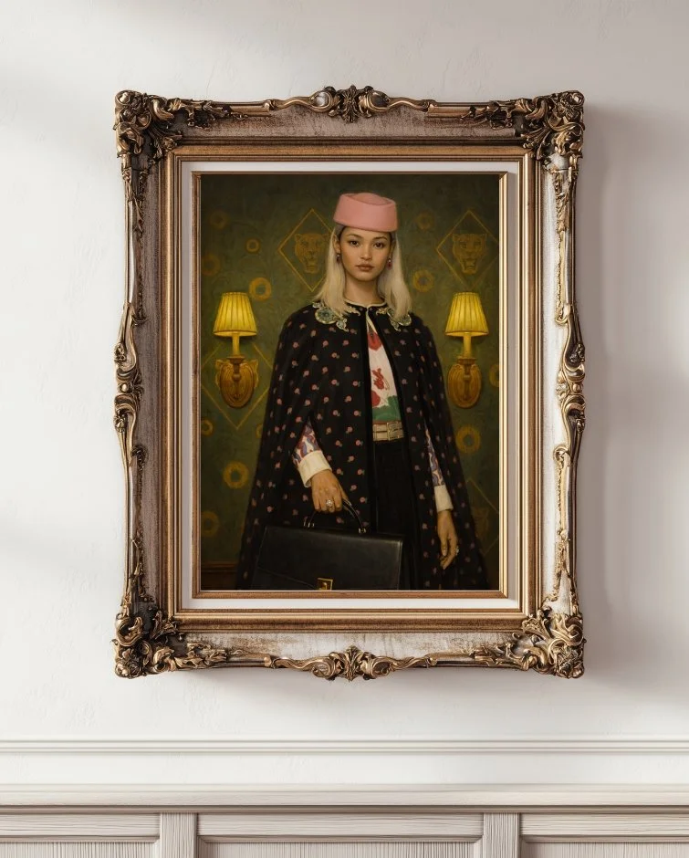 Refined, elegant asian woman with blonde hair, elegantly dressed in a black cape, pink pillbox hat, carrying a briefcase in a painterly style