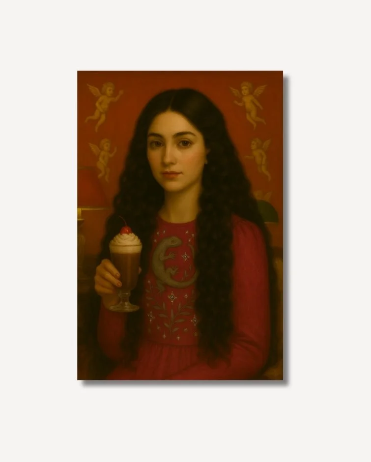 A brunette long haired woman wearing a red dress with a green lizard on it, holding an Irish coffee fine art on archival paper