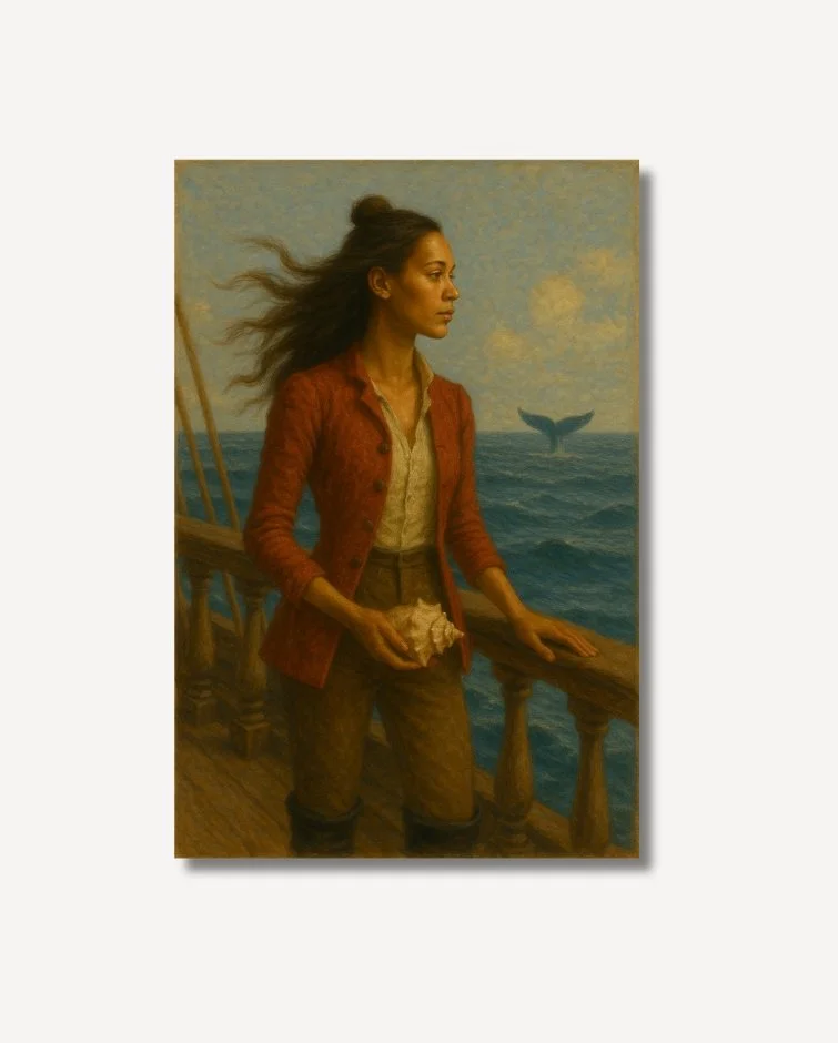 Brown haired vintage woman dressed in red coat on ship holding conch shell fine art Lennox The First Mate on archival paper