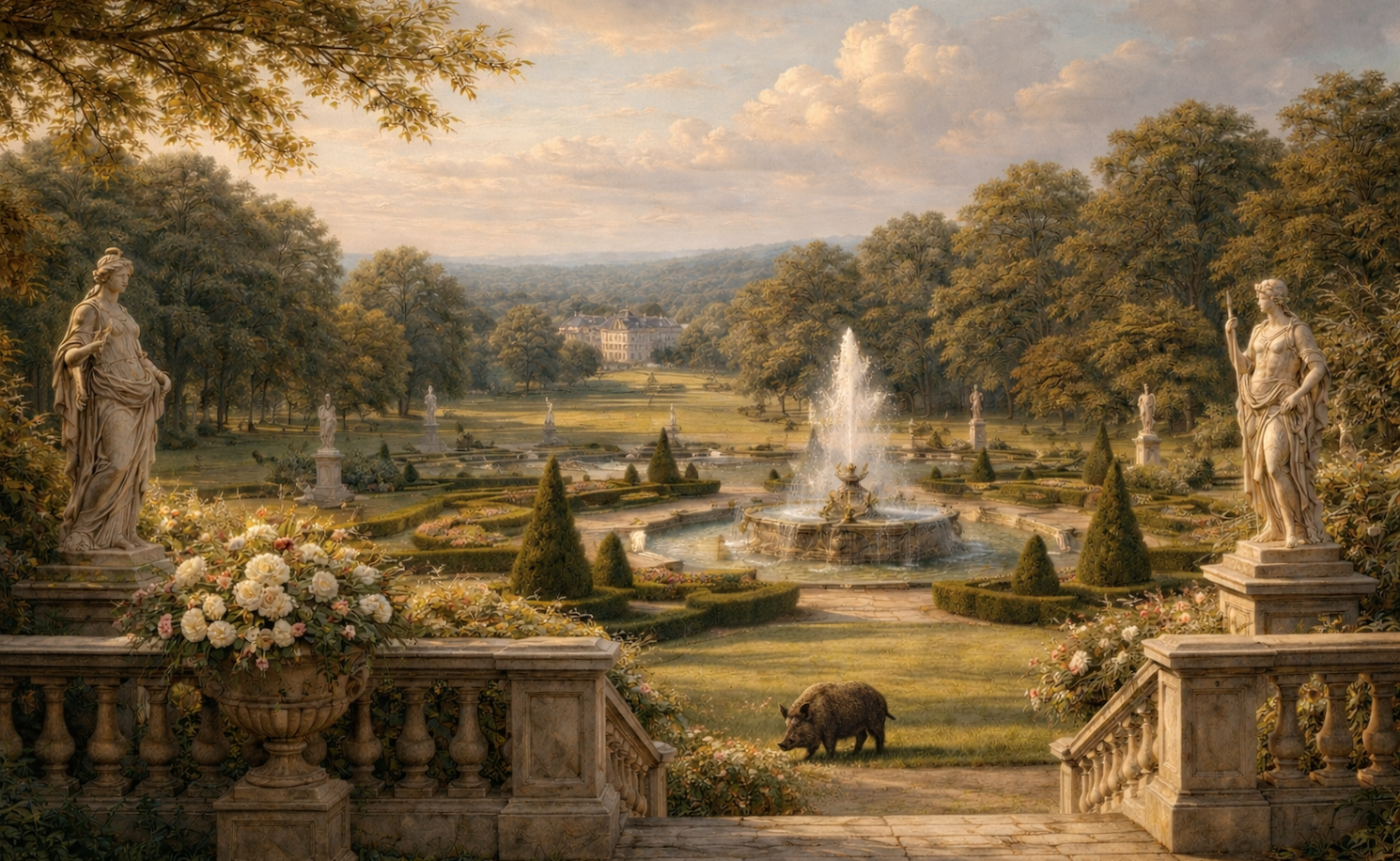 A grand classical garden with sculptures, fountains, and manicured hedges, surrounded by lush trees, with a distant view of a large mansion and rolling hills, a boar grazing in the foreground.