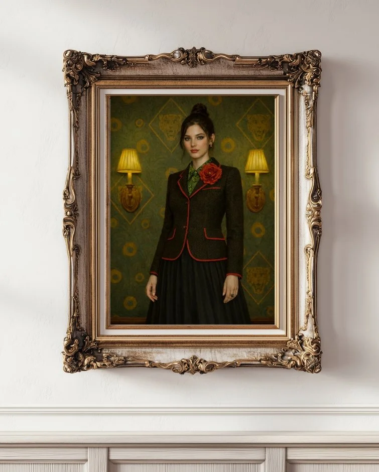 A young female inventor from the regency era, wearing a black suit with red piping in an eccentric hotel setting