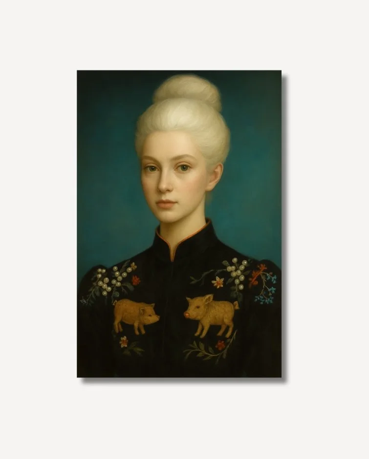 White haired Duchess in a black suit with embroidered brown boars fine art on archival paper