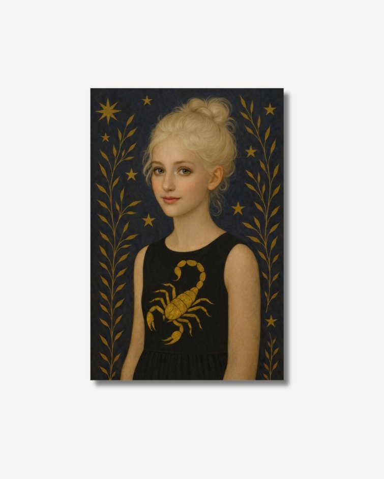 Seraphine blonde girl in black dress with Scorpio motif on archival paper
