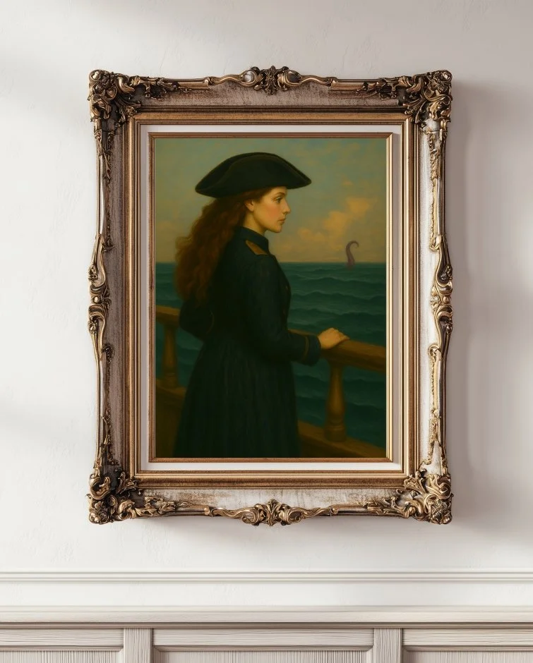 An refined ship's captain in a black coat looking out to the ocean at a purple octopus